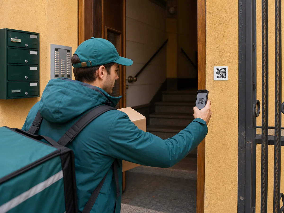 Courier scans a QR code at a shared apartment entrance